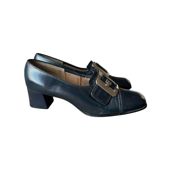 Vintage Navy Leather Slip On Heel with Large Buckles. Size 8.5. Inspirations by - Picture 5 of 13
